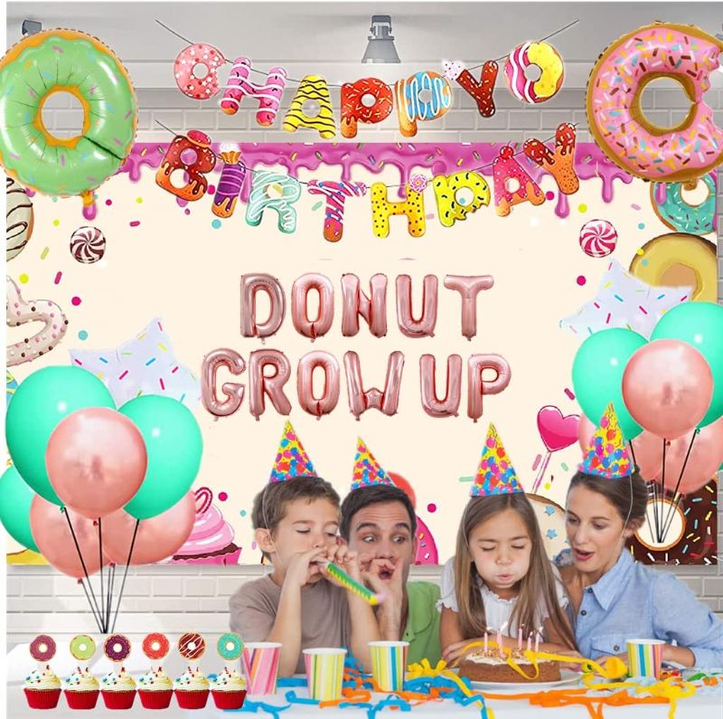 Photo 1 of 53 PCS Donut Party Decorations,Donut Birthday Party Decorations Donut Grow Up Balloons Cake Topper Donut Balloon Star Foil Donut Backdrop for Birthday Decorations
