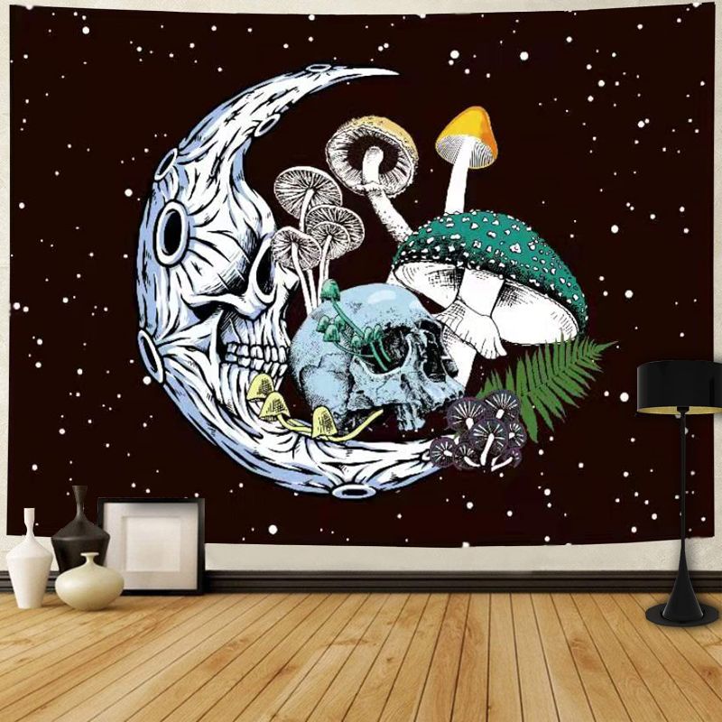 Photo 1 of Black Tapestry Skull Moon Wall Tapestry Colorful Mushroom Tapestry Skeleton Tapestry for Bedroom, Home Wall Decor (59 x 51 inches)