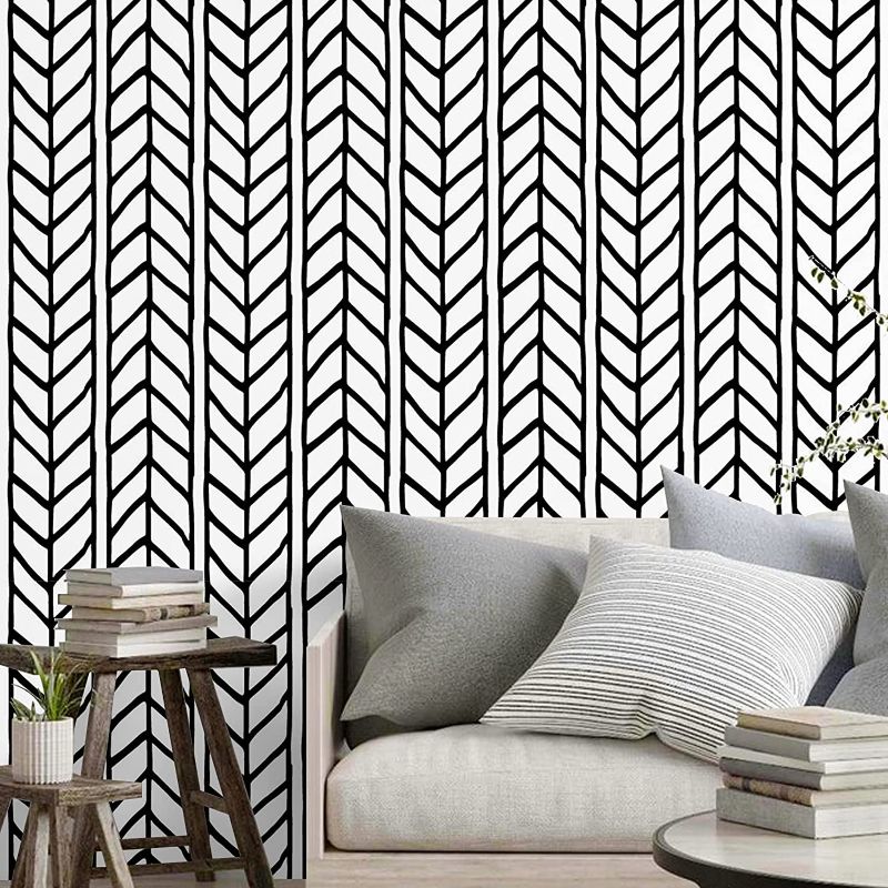 Photo 1 of Black and White Wallpaper 17.71In × 157.4In Peel and Stick Wallpaper Modern Black and White Striped Herringbone Contact Paper for Bedroom Bathroom Laundry Self Adhesive Vinyl Easy to Remove