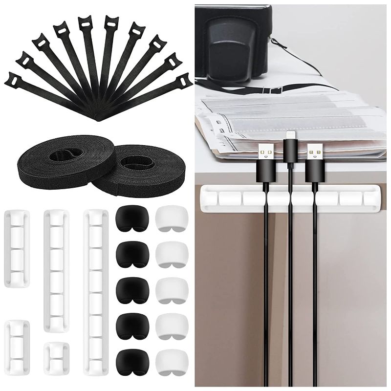 Photo 1 of 36PCS Cable Management Organizer Kit, 10 Self Adhesive Cable Clip Holder, 10PCS +2 Rolls Cable Organization Self Adhesive Ties, 10PCS Mini Cord Organizer, 1 Roll Double-Sided Tape for TV Computer
