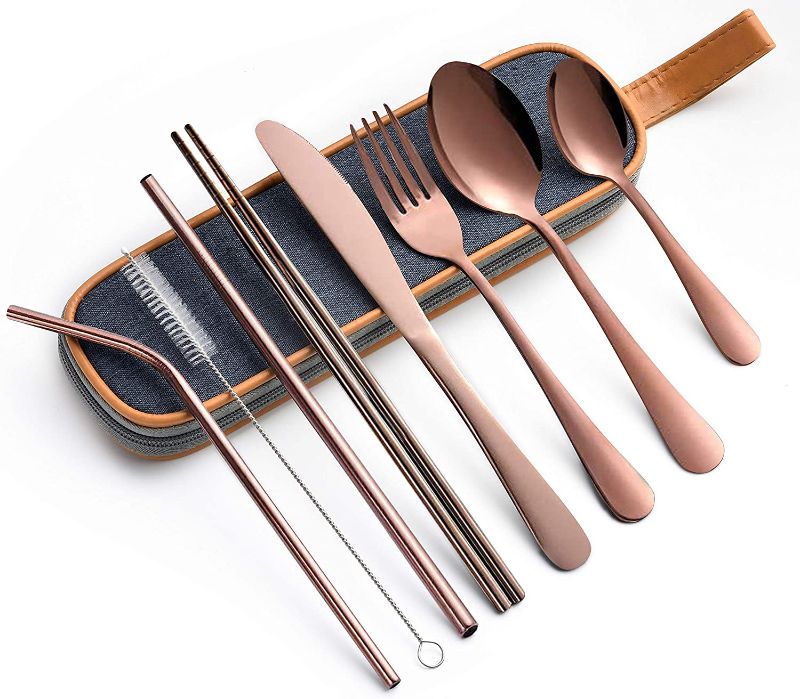 Photo 1 of  Travel Utensil set with case | 9-Piece Reusable Utensils, Stainless Steel Portable Silverware Travel Cutlery set, Camping Flatware Utensil sets for Lunch (9-piece Rose Gold)
