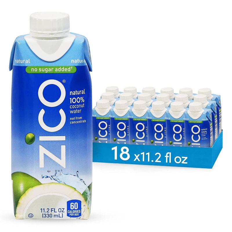 Photo 1 of ZICO 100% Coconut Water Drink - 18 Pack, Natural Flavored - No Sugar Added, Gluten-Free - 330ml / 11.2 Fl Oz - Supports Hydration with Five Naturally Occurring Electrolytes - Not from Concentrate BEST BY SEPTEMBER 2022
