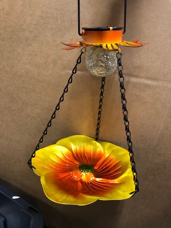 Photo 2 of ALLADINBOX 24 inch Solar Wild Bird Bath Outdoor Metal Hanging Glass Sunflower Feeder Tray Crackle Ball Light Waterproof Yard Garden Decoration
