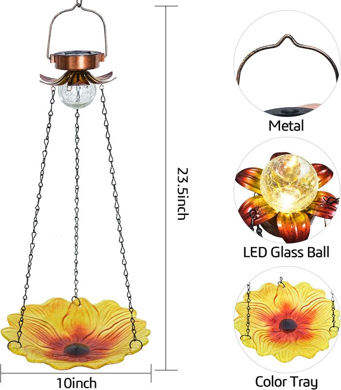 Photo 1 of ALLADINBOX 24 inch Solar Wild Bird Bath Outdoor Metal Hanging Glass Sunflower Feeder Tray Crackle Ball Light Waterproof Yard Garden Decoration
