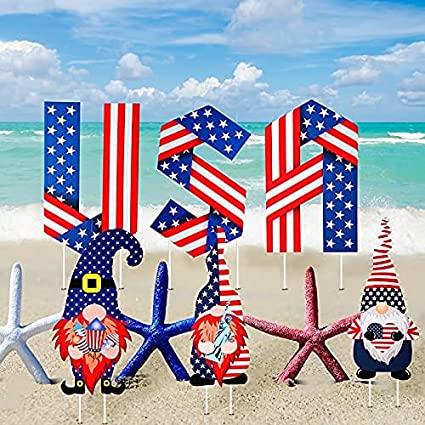 Photo 1 of 8 Pieces 4th of July Yard Sign with Stake Independence Day Gnome Yard Sign Patriotic Letters Yard Signs Outdoor Lawn Decorations for Memorial Day Courtyard Lawn Garden Ornament