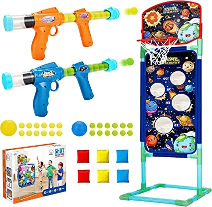 Photo 1 of 2NLF Shooting Game Toy for 5 6 7 8 9 10+Kids,2pk Foam Ball Popper Toy Guns,Scoring Standing Shooting Target with Basket & 24 Foam Balls & 6 Bean Bags & 2 Mini Basketball,Ideal Gifts for Boys Girls