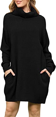 Photo 1 of Cutiefox Women's Oversized Turtleneck Long Sleeve Knit Pullover Sweater Short Dress with Pockets, Black, Small (FACTORY SEALED)