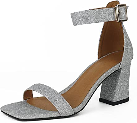 Photo 1 of Atsroel Womens Heeled Sandals Chunky Heeled Open Toe Ankle Strap Block Hign Heels Sandals For Women Summer Casual Shoes, Silver, 8/9