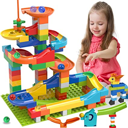 Photo 1 of COUOMOXA Marble Run Building Blocks Classic Big Blocks STEM Toy Bricks Set Kids Race Track Compatible with All Major Brands 110 PCS Various Track Models for Boys Girls Toddler Age 3,4,5,6,7,8+
