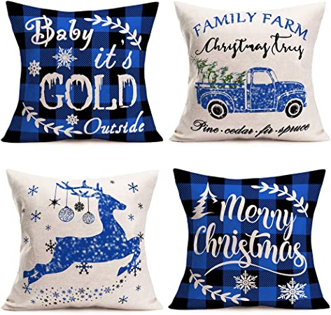 Photo 1 of Asminifor 4Pack Christmas Buffalo Plaids Farm Truck Elk Throw Pillow Covers Xms Winter Baby it’s Cold Outside Quote Cotton Linen Pillowcase Home Cushion Cover 18”x18”Blue Black White (PB-Buffalo)
