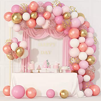 Photo 1 of 144Pcs Rose Gold Pink Balloons Garland Arch Kit Light Pink Gold White Confetti Latex Metallic Balloons for Birthday Baby Shower Wedding Party Decorations Supplies
