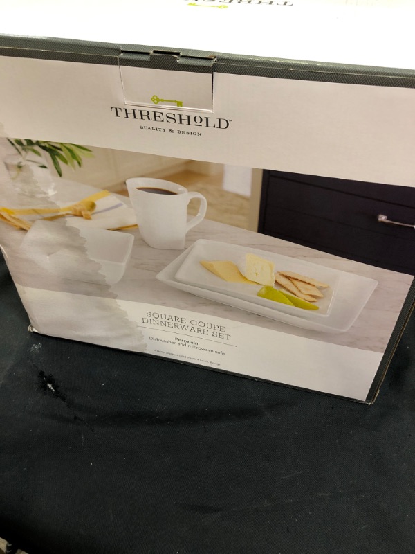 Photo 2 of 16pc Porcelain Square Rim Dinnerware Set SLIGHT WATER DAMAGE TO PACKAGING