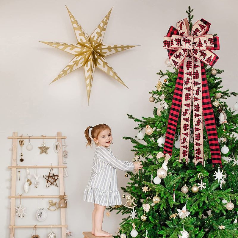 Photo 1 of 2 PC Christmas Tree Topper Bow Large Buffalo Plaid Bow Burlap Red and Black Christmas Wreath Bows Christmas Decorative Bows for Christmas Tree Thanksgiving Home Wedding Holiday Birthday Party Decoration
