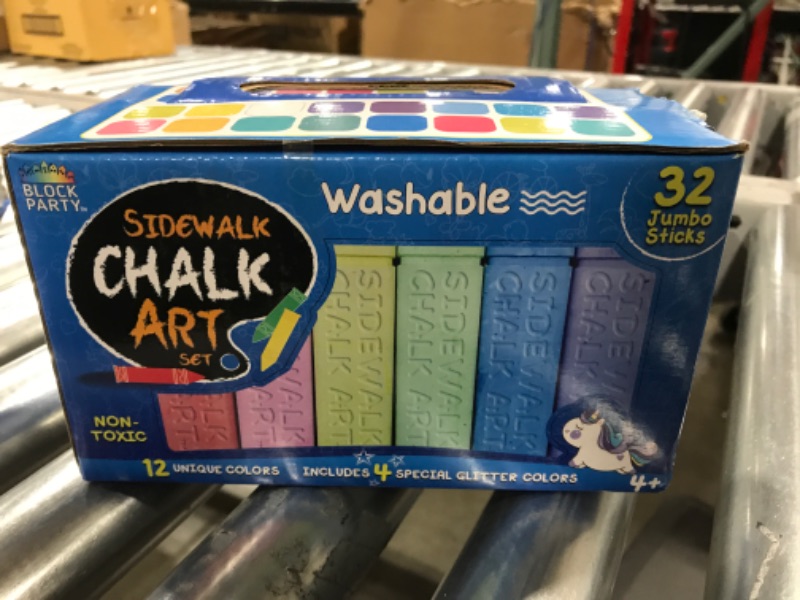 Photo 2 of Block Party Sidewalk Chalk 32-Piece Art Set - BIG BOLD Colors Includes 4 Glitter Chalk That Sparkle, Square Non-Roll Kids Chalk, Washable
