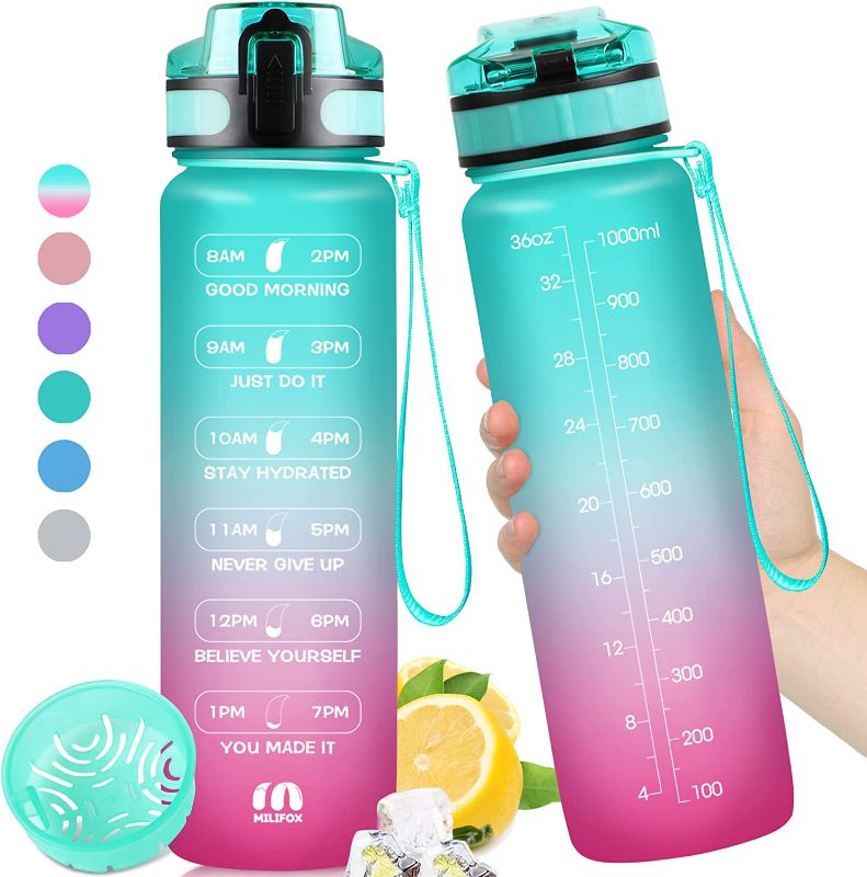 Photo 1 of 32oz Motivational Water Bottle with Times to Drink - Time Marker & Removable Strainer,Fast Flow,Leakproof Tritan BPA Free Non - Toxic Water Jug for Fitness,Gym,Sports,by Milifox
