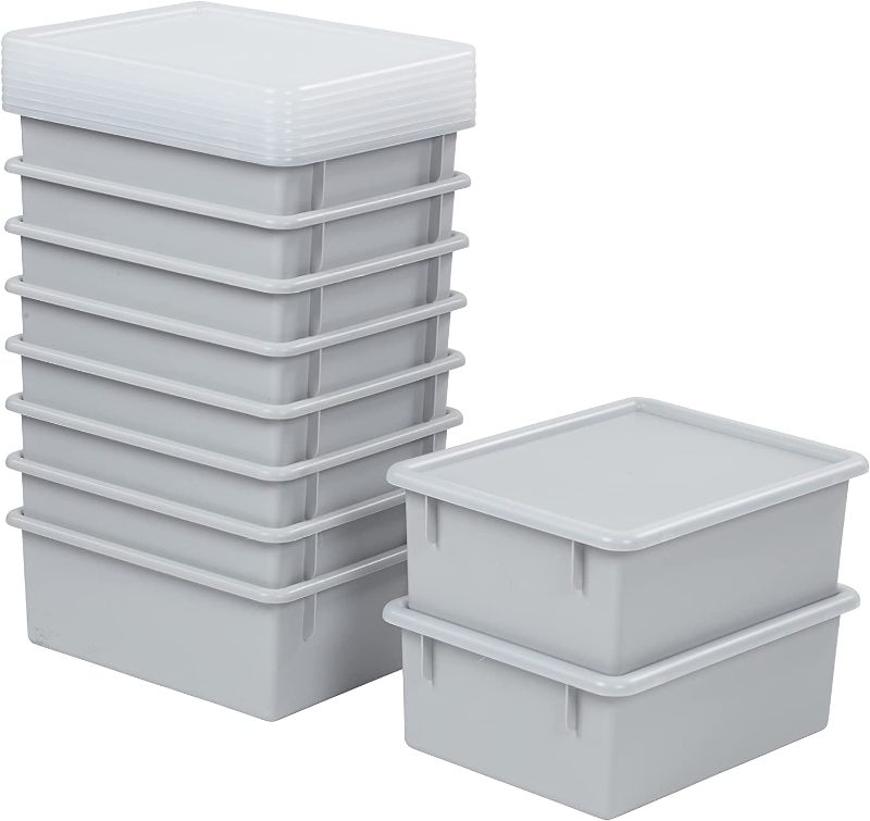 Photo 1 of ECR4Kids Letter Size Tray with Lid, Deep, Storage Bin, Light Grey, 10-Piece
