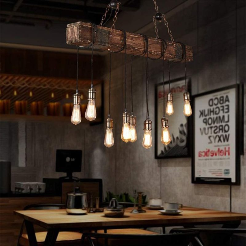 Photo 1 of 10-Lights Chandelier Wooden Retro Rustic Pendant Light - Industrial Suspension Light line can be Adjusted Freely - Distressed Wood Chandelier for Dining Table Vintage Kitchen, Bar, Island, Billiard.
