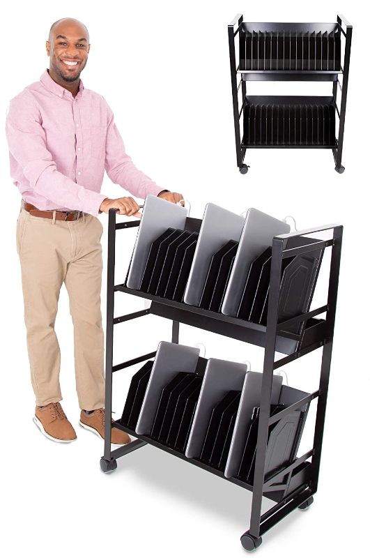 Photo 1 of Line Leader?32 Unit Mobile Charging?&?Storage Cart?|?Open Charging Cart Holds Tablets, Laptops & Chromebooks?|?Includes?32-Outlet Power Strip?with Surge Protection?| Ideal for?School?& Library?(Black)
