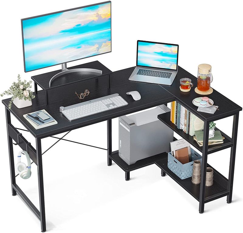 Photo 1 of L Shaped Desk with Storage Shelves, 47 inch Corner Desk with Monitor Stand for Small Space, Writing Study Table for Home Office, Black
