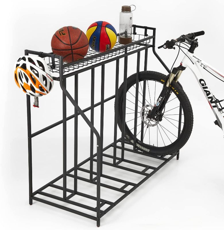 Photo 1 of 4 Bike Stand Rack with Storage, Heavy Duty Garage Organizer - Metal Stability Floor Bicycle Nook Station, Width Adjustable for Parking Mountain/Road/Hybrid/Electric/Fat/Kids Most Bikes & Scooters
