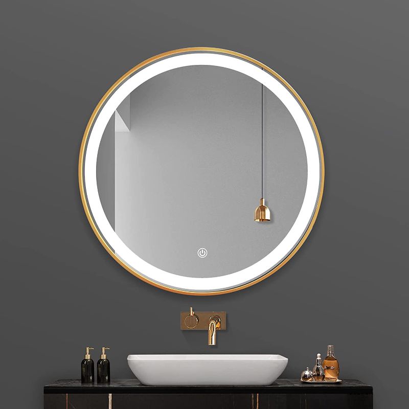 Photo 1 of 24 Inch Round LED Bathroom Mirror, Smart Vanity Mirror with High Lumen+Anti Fog+Dimmer Function+CRI 95 Adjustable Color Temperature+IP66 Waterproof+Memory Function Mirror Gold Aluminum Frame
