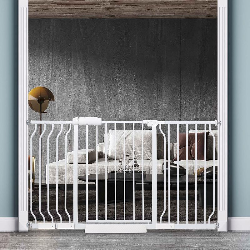 Photo 1 of HOOEN White Extra Wide Baby Gate for Doorways Hallway Pressure Mounted Pet Gate Walk Through Child Safety Gate 53-57.5 Inch with Extensions
