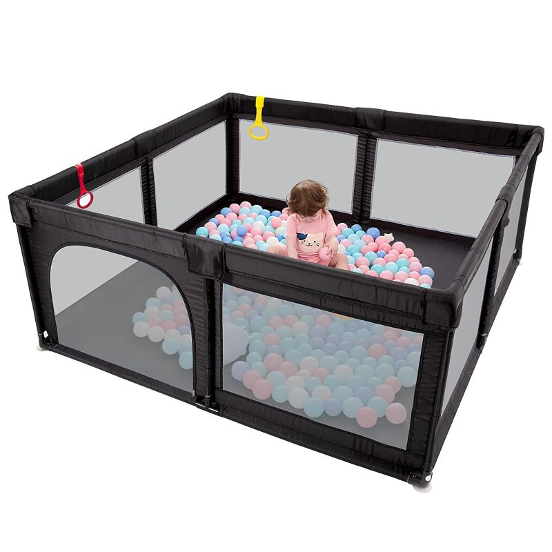 Photo 1 of Baby Playpen , Baby Playard, Playpen for Babies with Gate ,Large Indoor & Outdoor Playard for Kids Activity Center, Sturdy Play Yard with Breathable Mesh(Dark Black)
