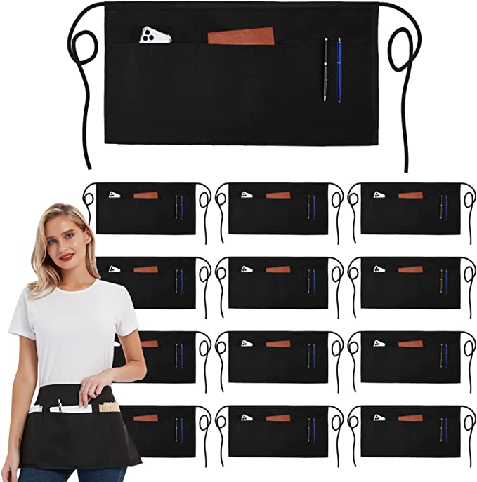 Photo 1 of 10 Pack Server Aprons with 3 Pockets - Waist Apron Waiter Waitress Apron Water Resistant Added Long Waist Strap Reinforced Seams Half Apron for Women