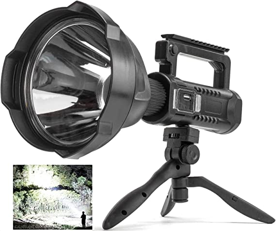 Photo 1 of Rechargeable Spotlight Flashlight High Lumens, 90000 Lumen Super Bright spot Light with 4 Modes & USB Output, Waterproof Handheld LED Spotlight with Tripod, Powerful Searchlight for Camping/Emergency
