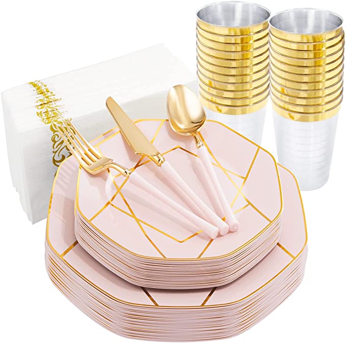 Photo 1 of 2 pack PULOTE 140PCS Pink Plastic Plates with Gold Rim - Include 40 Plates 60 Gold Plastic Cutlery 20 Cups 20 Napkins - Octagonal Pink Plastic Plates for Wedding&Party