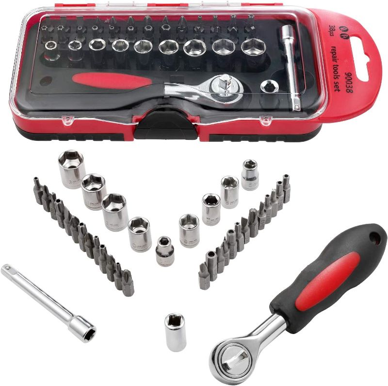 Photo 1 of 38-Piece Portable Socket Wrench Sets Repair Tool Set? Screwdriver Bit Set and Ratchet Wrench Household and Car Repair Kit with Toolbox Storage Case (Red)
