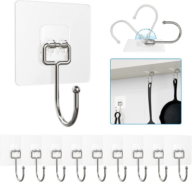 Photo 1 of 10-Pack All-Purpose Large Adhesive Hooks, Heavy Duty Hold 37 lb(Max) Wall Hooks for Hanging, Large Waterproof Stick on Hooks for Organization
