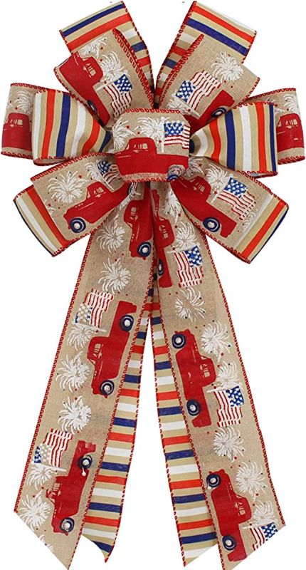 Photo 1 of ZIBIOR Large Patriotic Wreath Bow Memorial Day American Flag Bows for 4th of July Independence Day Hanging Outdoor Bunting Wreath Holiday Party Door Wall Decoration, Blue,Gold,White,Red