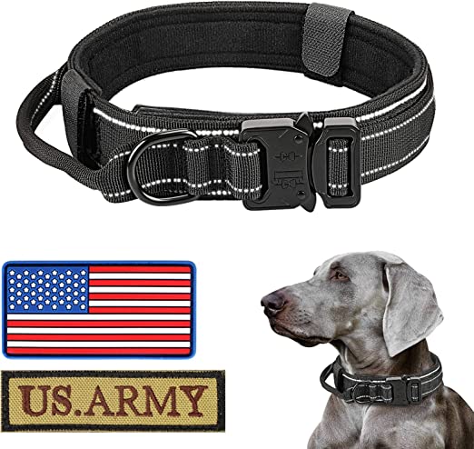 Photo 1 of  Tactical Dog Collar with USA American Flag & Reflective Patch, 1.5" Width Adjustable K9 Military Collar with Heavy Duty Metal Buckle & Control Handle for Medium Large XL Dogs