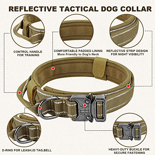 Photo 1 of  Tactical Dog Collar with USA American Flag & Reflective Patch, 1.5" Width Adjustable K9 Military Collar with Heavy Duty Metal Buckle & Control Handle for Medium Large XL Dogs- TAN