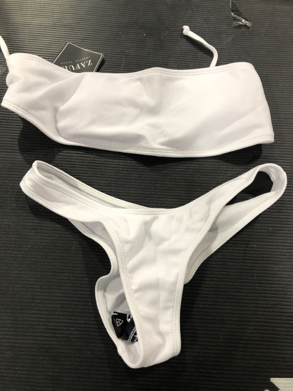 Photo 2 of ZAFUL Women Strapless Ribbed High Cut Bandeau Bikini Set White- SIZE 4