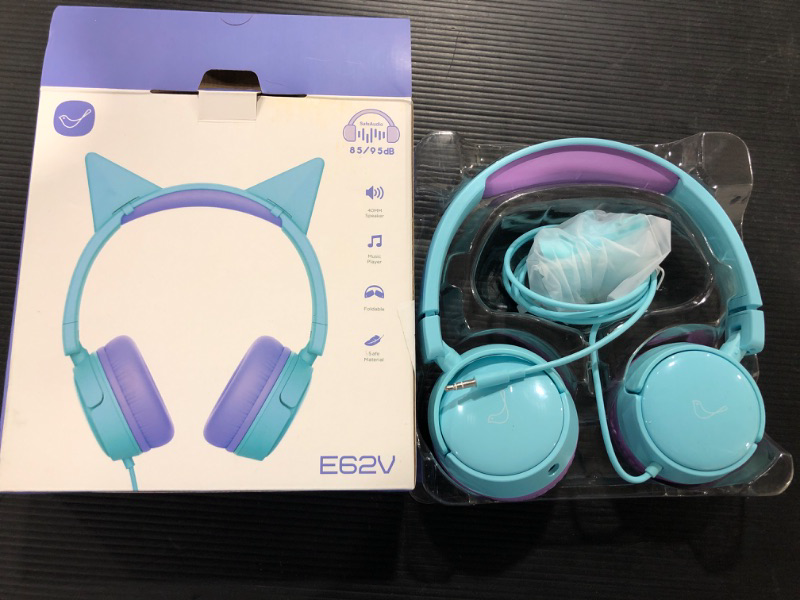 Photo 2 of Kids Headphones, Toddler Headphones with Decorative Cat Ear, 85dB/94dB Safe Volume Limit, for Kids, Boys, Girls, Audio Sharing, Foldable Wired Children Headphones Purple