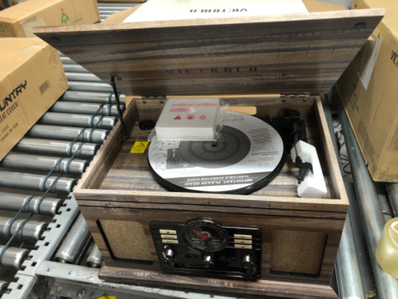 Photo 2 of Victrola Nostalgic 6-in-1 Bluetooth Record Player & Multimedia Center with Built-in Speakers - 3-Speed Turntable, CD & Cassette Player, AM/FM Radio | Wireless Music Streaming | Farmhouse Shiplap Grey Farmhouse Shiplap Grey Entertainment Center