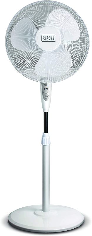 Photo 1 of **SEE NOTE*** Black & Decker 16 In. Stand Fan with Remote, White - 16" Diameter - 3 Speed - Durable, Adjustable Height, Tilt Angle, Oscillating, Timer-off Function - 22.8" Height x 17.7" Width x 15.8" Depth - White