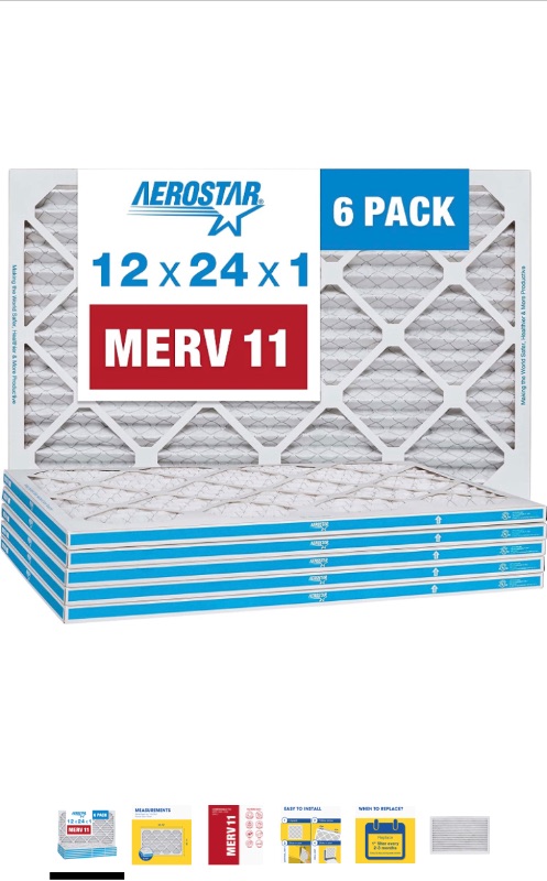 Photo 1 of Aerostar 12x24x1 MERV 11 Pleated Air Filter, AC Furnace Air Filter, 6 Pack (Actual Size: 11 3/4" x 23 3/4" x 3/4")