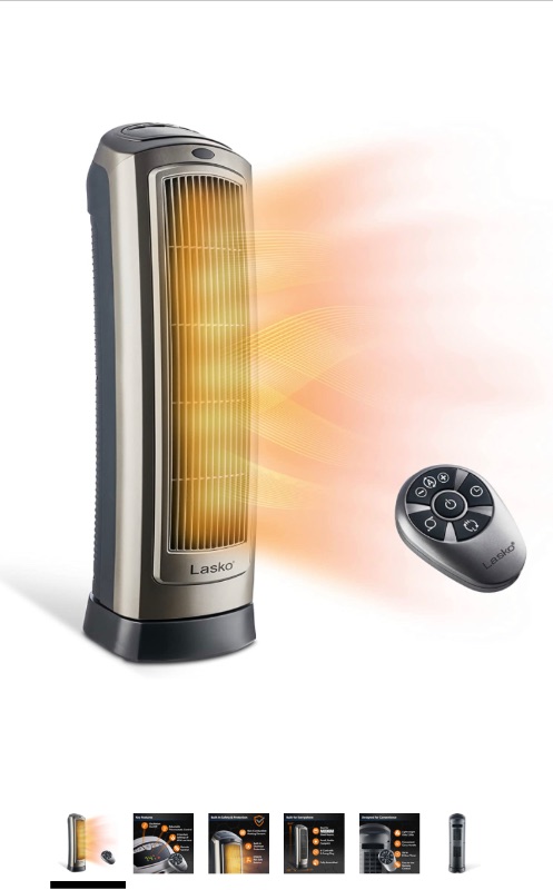 Photo 1 of Lasko Oscillating Digital Ceramic Tower Heater for Home with Adjustable Thermostat, Timer and Remote Control, 23 Inches, 1500W, Silver, 755320