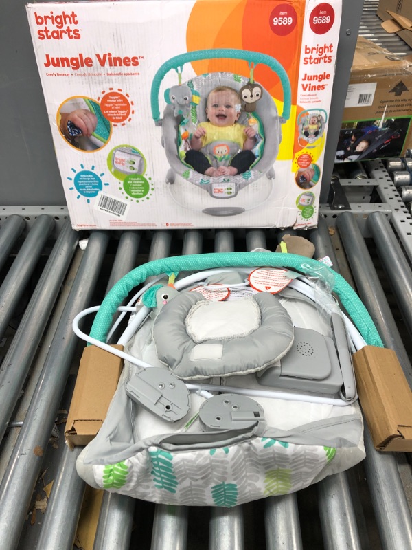 Photo 2 of Bright Starts Jungle Vines Comfy Baby Bouncer and Vibrating Infant Seat with Taggies & Elephant and Sloth Plush Baby Toys