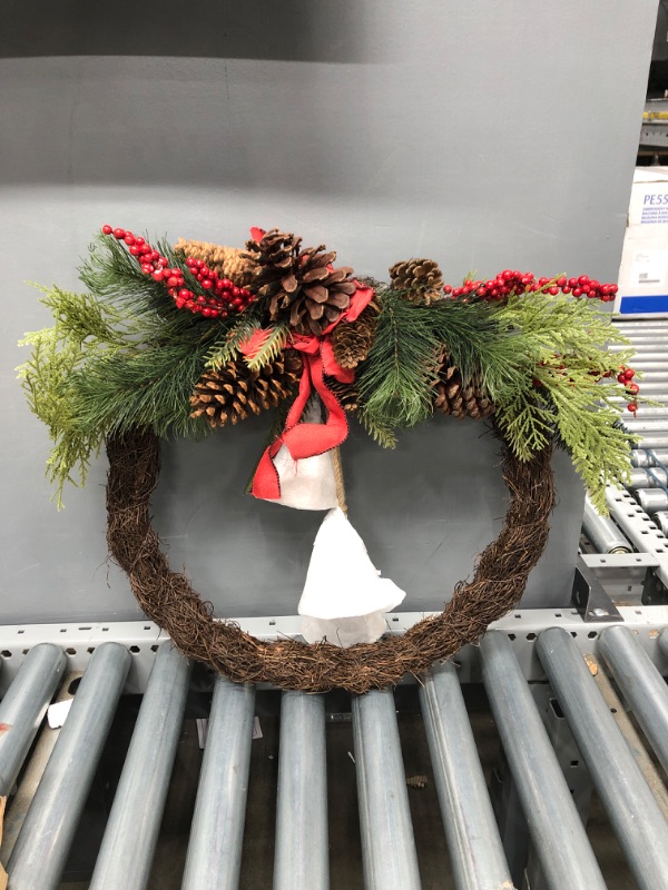 Photo 2 of Christmas Wreath with Metal Bell Hanging Ornament 18 inch Xmas Festive Door Wreath with Multiple Christmas Elements Winter Wreaths for Door Wall Window Fireplace Home Holiday Decorations