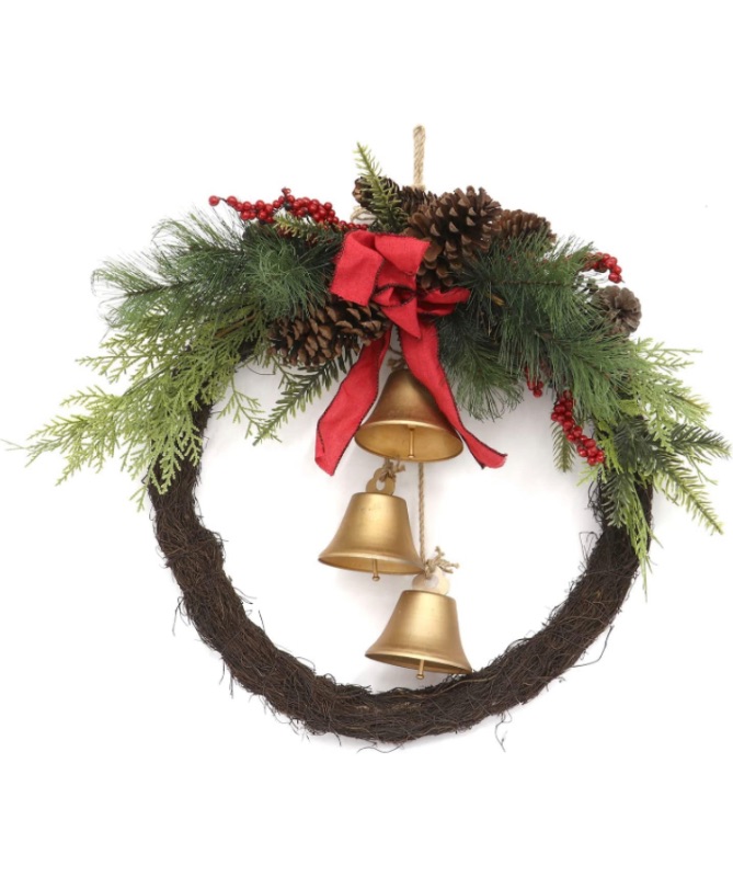 Photo 1 of Christmas Wreath with Metal Bell Hanging Ornament 18 inch Xmas Festive Door Wreath with Multiple Christmas Elements Winter Wreaths for Door Wall Window Fireplace Home Holiday Decorations