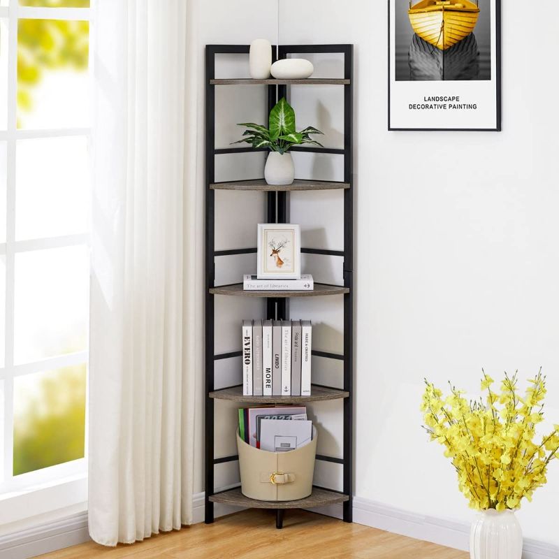 Photo 1 of BON AUGURE Tall Rustic Corner Shelf Stand, 5 Tier Wood and Metal Corner Bookshelf, Farmhouse Standing Corner Shelving Bookcase for Living Room, Kitchen, Small Space (Dark Grey Oak)
