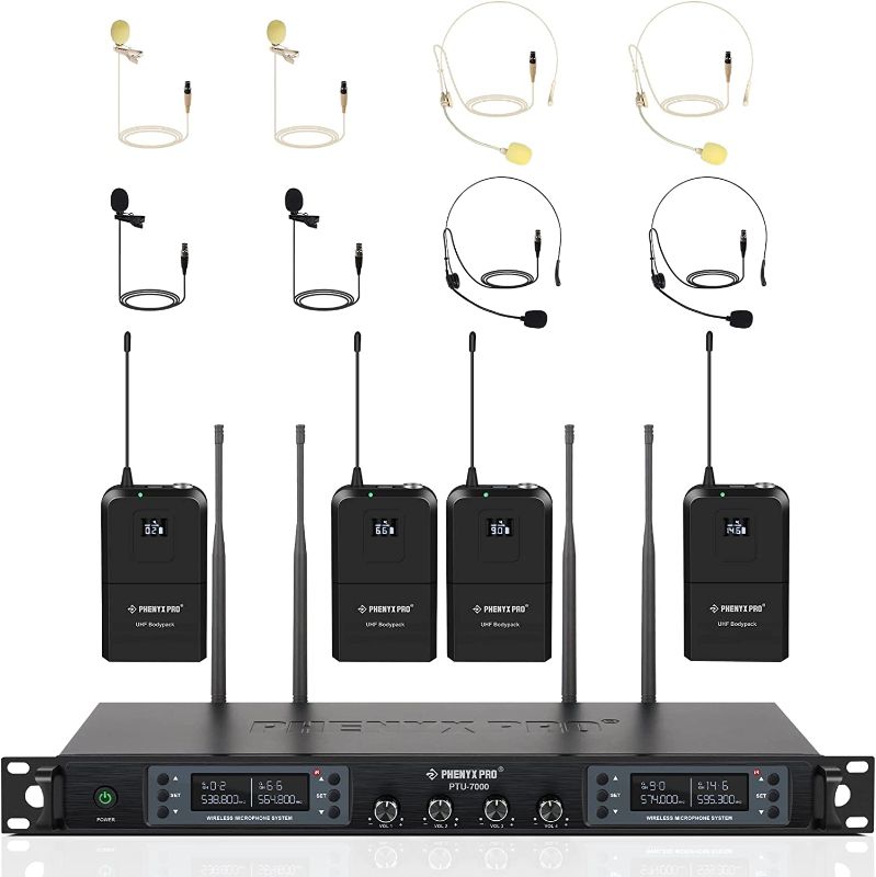 Photo 1 of Wireless Microphone System Pro UHF 4 Channel 4 Lavalier Bodypacks 4 Lapel Mic 4 Headsets for Karaoke System Church Speaking Conference Wedding Party