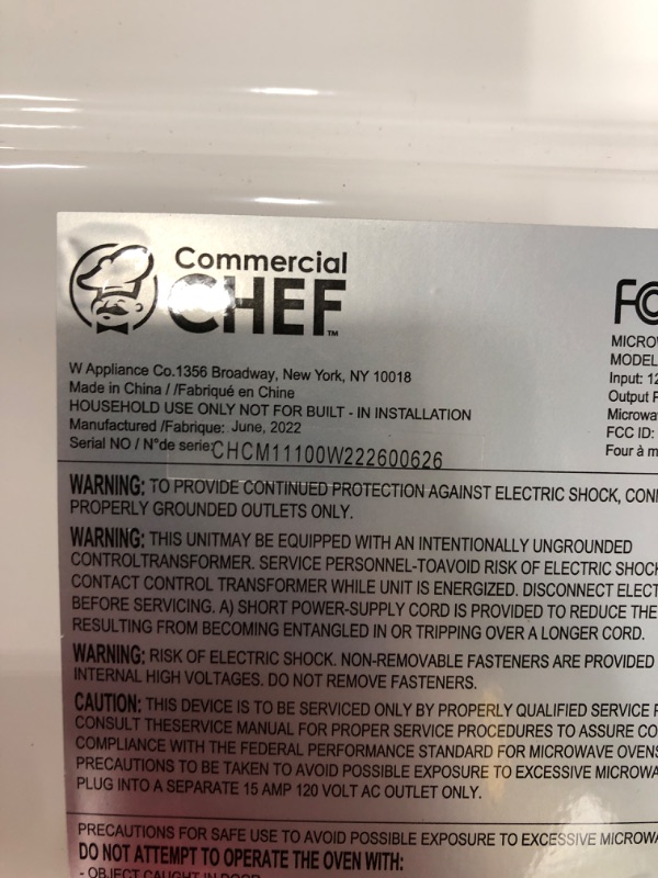 Photo 4 of ** PARTS ONLY ** Commercial Chef Countertop Microwave, 1.1 Cubic feet, White White 1.1 Cubic Feet