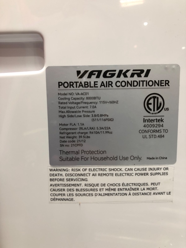 Photo 3 of ** NEEDS REPAIR ** VAGKRI Portable Air Conditioners 8000 BTU 3-in-1 AC Unit with Fan & Dehumidifier, Cools up to 250 sq. ft. ETL Protection with Side Handles & Casters, LED Display Full-Function, Remote Control, Timer

