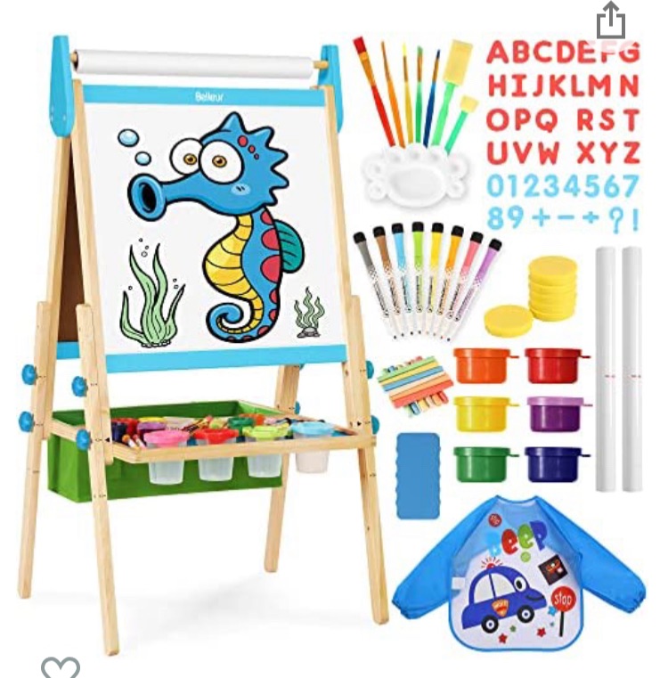 Photo 1 of Belleur All-in-one Kid Easel Including 2 Paper Rolls, Magnetic Letters, 6 Finger Paints, 8 Colors Markers, Deluxe Standing Art Easel with Magnetic Chalkboard & Whiteboard, Easy to Adjust Height - Blue