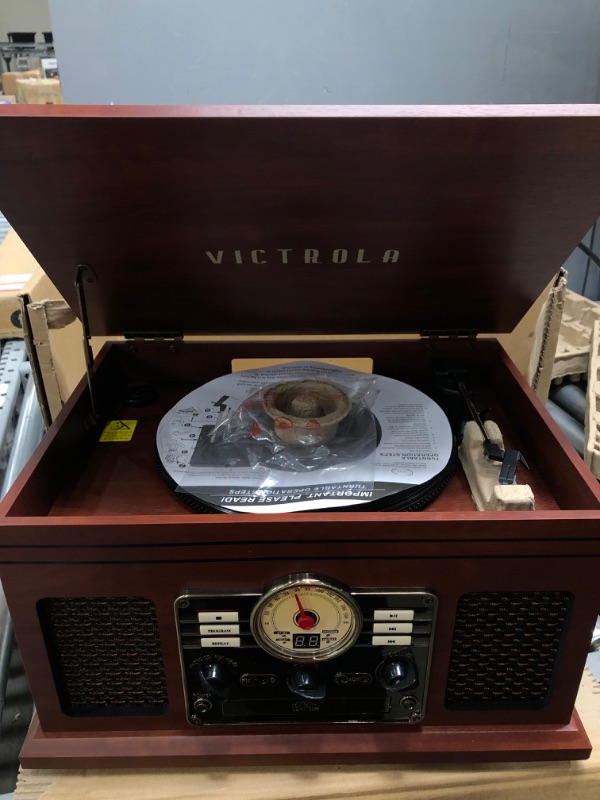 Photo 3 of Victrola Nostalgic 6-in-1 Bluetooth Record Player & Multimedia Center with Built-in Speakers - 3-Speed Turntable, CD & Cassette Player, FM Radio | Wireless Music Streaming | Mahogany Mahogany Entertainment Center